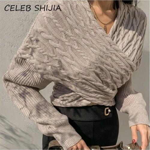 SHIJIA New Womans Sweater Twist Cross Full-Sleeve V-Neck Chic Korean Fashion Jumper Knitting Female Pullover Winter Autumn 2021