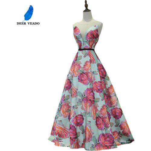 DEERVEADO Evening Dress Long Flower Print Formal Dress Elegant Woman Occasion Party Dresses Evening Gown Robe De Soiree M218