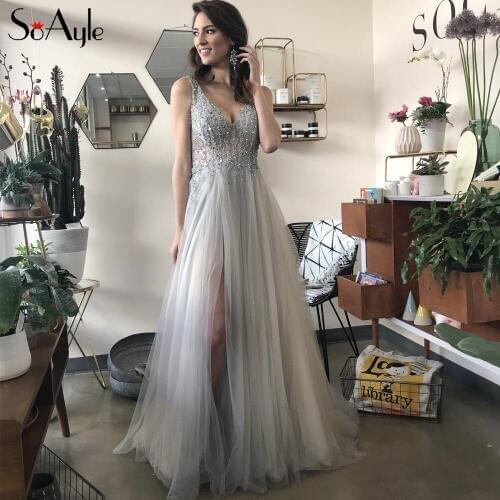 SoAyle Evening Dress Deep V-neck Beaded Evening Dresses 2019 Prom Dress A-line Sexy Split Celebrity Red Carpet robe de soiree