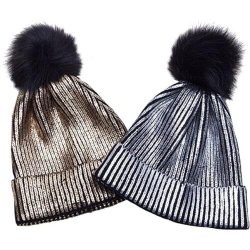 Winter Warm Knitting Hats Bronzing Gold And Silver Caps Female Fashion Skullies Beanies With Pompon Hat For Women Cap