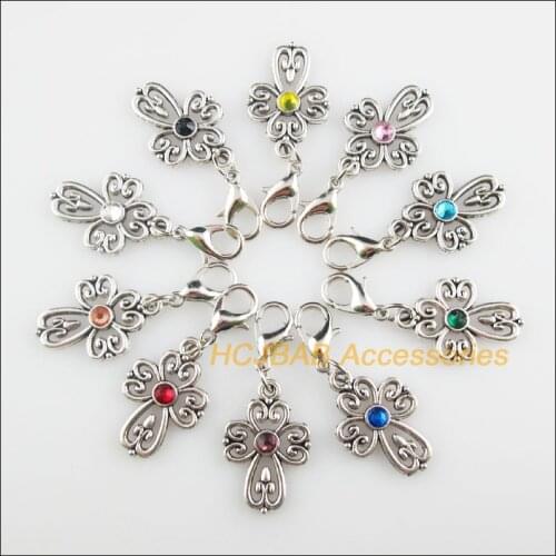 10Pcs Tibetan Silver Tone Cross Retro Mixed Round Crystal 14.5x21.5mm With Lobster Claw Clasps Charms