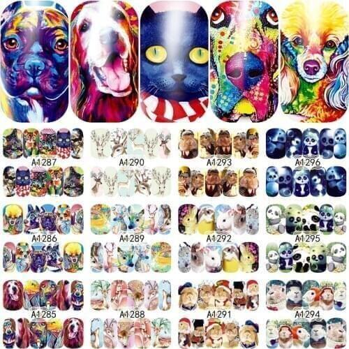 12 sheets mixed designs cute animals full water transfer nail art decorations stickers beauty nails manicure tools dog 1285