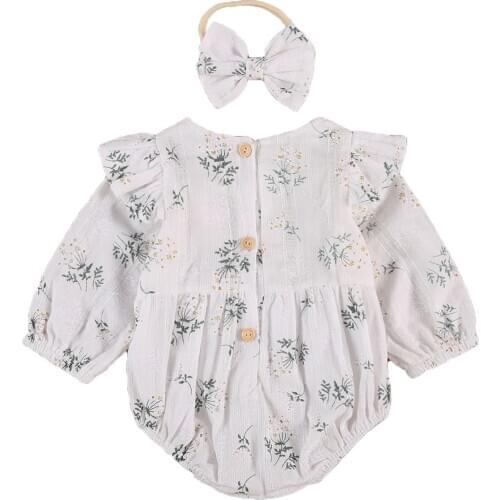 2020 New Fall Autumn Infant Baby Girls 2Pcs Set Floral Print Ruffled Single Breasted Long Sleeve Bodysuit+Headband Clothes