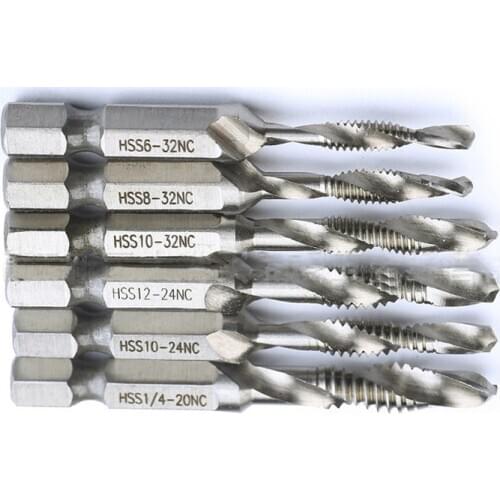 6PCS/Set HSS Hex Shank Spiral Flute Drill Tap NPT Composite Tapping Drill 6-32NC, 8-32NC, 10-32NC, 10-24NC, 12-24NC, 1/4-20NC