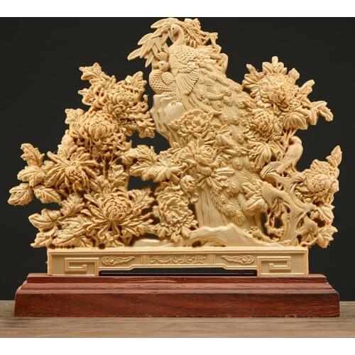 Thuja Wood 22CM Rich Peacock Peony Sculpture Decorative Dish Hollow Wood Carving Lucky Gift Peace Animal Collection Home Decor