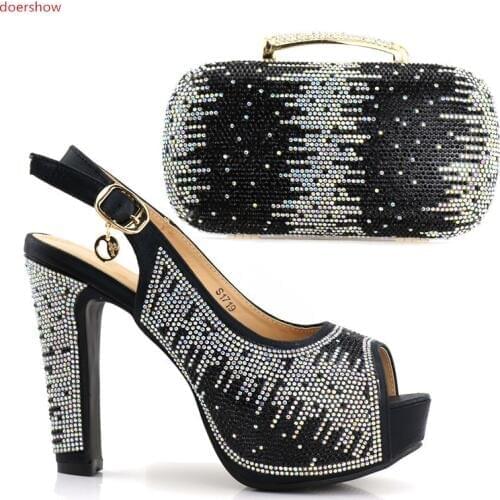 Doershow new comeMatching Women Shoe and Bag Set Decorated with Rhinestone Nigerian Shoes and Bag Set Italy Shoes and Bag JJC1-9