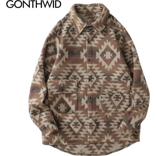 GONTHWID Thick Shirts Casual Geometry Color Block Pattern Shirt Coats Streetwear Hip Hop Fashion Pockets Long Sleeve Shirt Tops