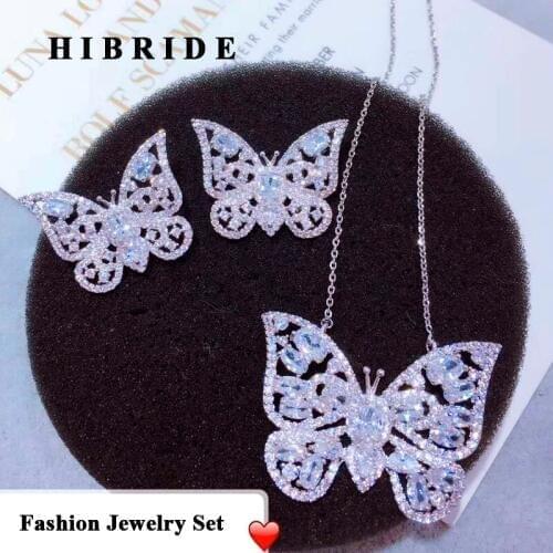 HIBRIDE Luxury New Butterfly Shape Earring Necklace Jewelry Set Women Party Jewelry Small Link Pendant Brincos Bijoux N-643