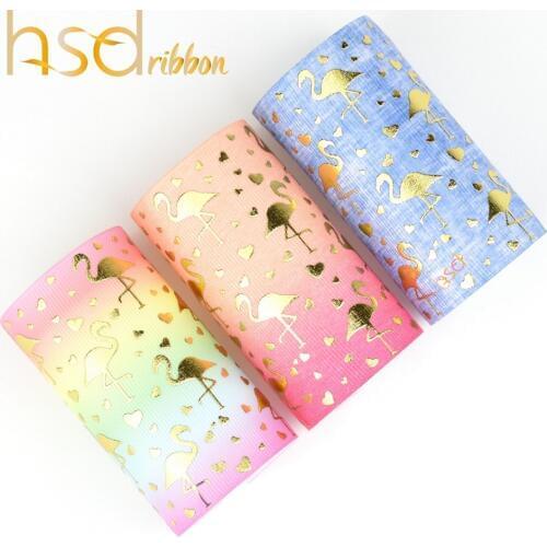 HSDRibbon Free Shipping 75mm 3inch gold foil custom printed flamingo grosgrain ribbon