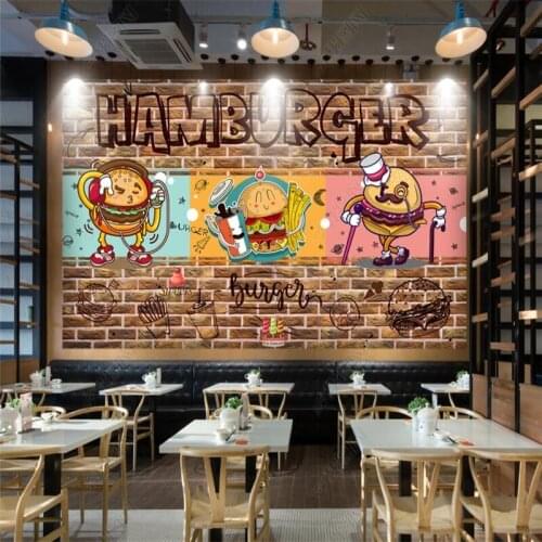 Brick wall cartoon graffiti burger fries fast food western restaurant wallpaper background wall decoration mural wallpaper
