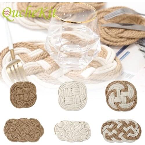 Round Handmade Woven Cotton Thread Jute Table Mat Cotton Braid Mug Cup Coaster Insulation Placemat Kitchen Home Table Decor Mats