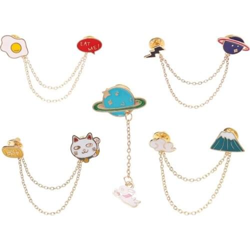 Cartoon Metal Chain Series Pins Cute Cat Planet Puppy Rabbit Fuji Mountain Lightning Egg Girl Metal Enamel Brooches