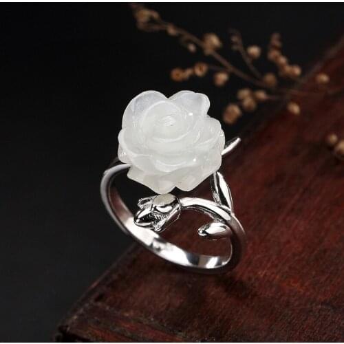 Natural 925 sterling silver inlaid hetian white jade rose flower for women rings resizable sterling silver rings luxury jewelry