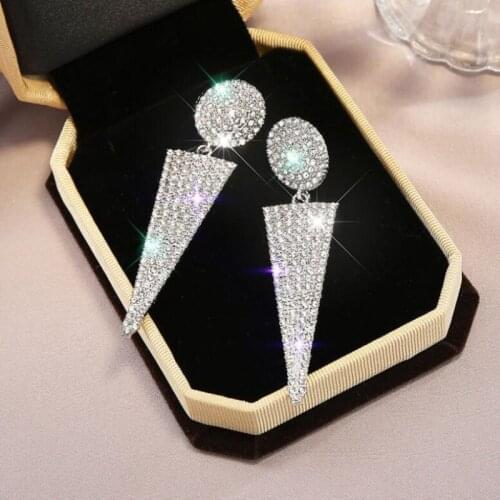 New 925 Silver Needle Round Crystal Triangle Earrings European Fashion Simple Personality Exaggerated Dangle Drop Long Earrings