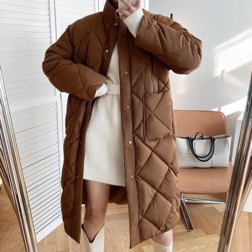 Womens Casual Stand Collar Argyle Pattern Oversized Parka 2021 Winter New Korean Style Long Cotton-padded Coat Chic Jacket Ins