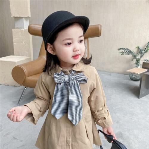 Autumn Winter Baby Girl Long Windbreaker Fashion Kids Striped Bow Tie Solid Trench Coat for Girl Child Loose Casual Windbreaker