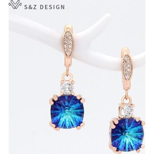 S&Z DESIGN New Fashion Luxury Colorful Square Crystal Zirconia Dangle Earrings 585 Rose Gold Eardrop For Women Wedding Jewelry