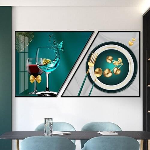 Modern Living Room Dining Wall Decoration 3D Wine Cup Plate Wall Art Printing Crystal Porcelain Glass Painting Aluminum Frame