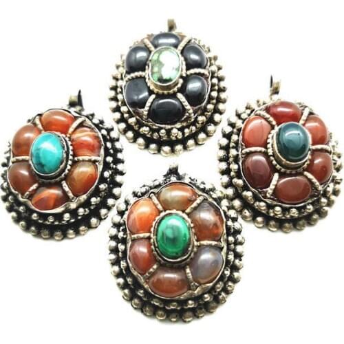 Tibetan Pendants Copper Inlay Natural Agates Egg Beads Flower Pendant Handmade Vintage Jewelry TBP263