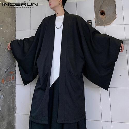 2021 Men Trench Cardigan Open Stitch Loose Long Sleeve Streetwear Punk Solid Color Fashion Long Coats Mens Cloak Capes INCERUN