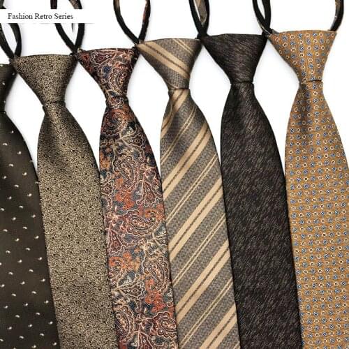 2021 Brand New Fashion High Quality Mens 8CM Wide Ties Floral Golden Retro Necktie Formal Suit Zipper Neck Tie for Men Zip Lazy