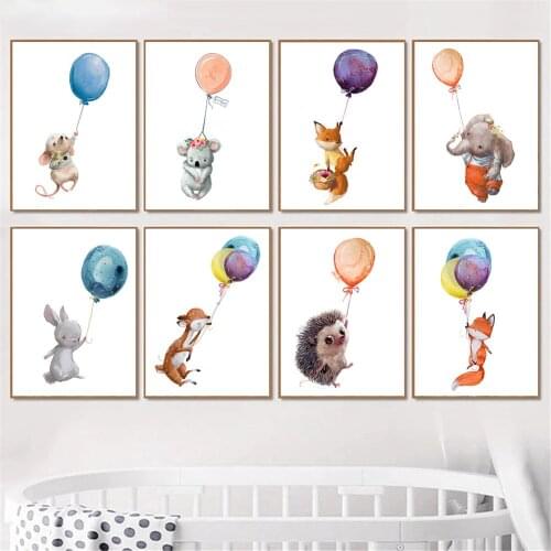 Balloon Mouse Fox Rabbit Elephant Wall Art Canvas Poster Nursery Print Baby Animal Posters Nordic Wall Pictures Kids Room Decor