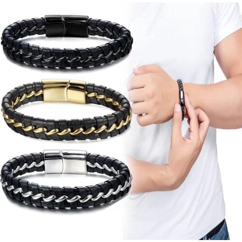 High quality classic unique leather stainless steel mens bracelet, leather winding chain hand-woven bracelet