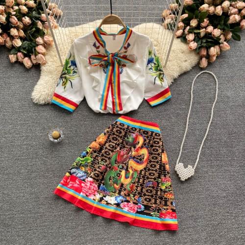 New 2021 Summer Brand Designer Print Dragon Runway Set Bow Short Sleeve Shirt And Striped Mini Skirt Women Party Two Piece Suit