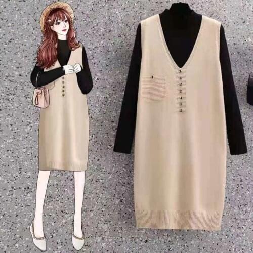 EHQAXIN New Fall Winter 2021 Ladies Dress Set Elegant V-Neck Button Knit Vest Dress + Casual Knit Base Shirt 2 Pieces Suit S-2XL