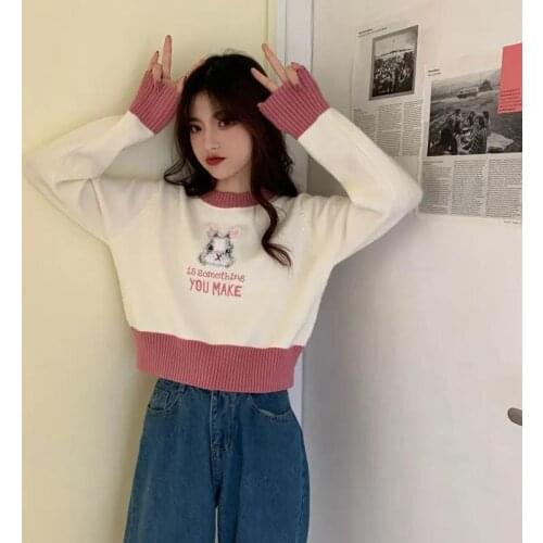 Knit Sweaters Women Pullover Sweater Tops Splicing Cartoon Spring Autumn Clothes Women Short Sweaters Tops Coat Casual Pullover