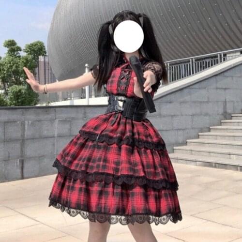 Summer Sweet Womens Plaid JSK Dress Suspender Sleeveless Cake Dress Layered Dress Lace Trim One Piece Red Black
