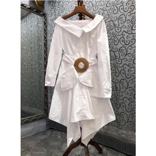 2021 Autumn Fashion Style Dress High Quality Women Sexy Slash Neck Ring Belt Deco Long Sleeve Asymmetrical White Blue Dress