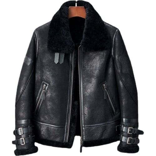 Double Collar Flight Suit B3 Sheepskin Fur Mens Motorcycle Genuine Leather Jacket Men Clothing High-Quality Coat