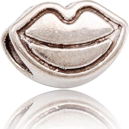 10Pcs/Lot Lips Antique Silver Color DIY Zinc alloy Big Hole Spacer Bead Charm Fits European Jewelry making Bracelet js1038