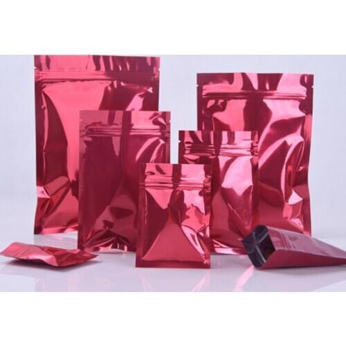 100pcs/lot Glossy Red Aluminum Foil Ziplock Bag Flat Bottom Red Packaging Bag Sugar Coffee Powder Gift Zipper Bags