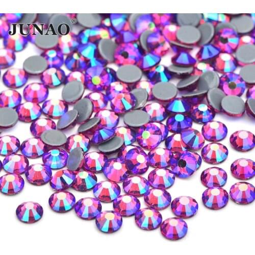 JUNAO SS6 8 10 12 16 20 30 Siam AB Hotfix Glass Crystal Rhinestone Applique Iron On Round Strass Flatback Crystal Stones Crafts