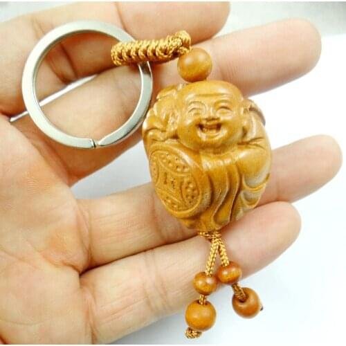 Mahogany Three-dimensional Engraving Key Chain LifelikeMoney Buddha Pendant Key Ring Jewelry Gift For Car Accessories L35
