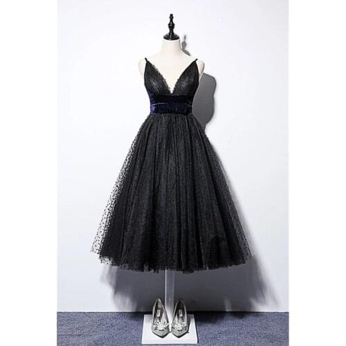 Black Long Bridesmaid Dresses Tea Length Wedding Guest Dress A Line Lace Up Maid of Honor Gowns Wedding Spaghetti Straps