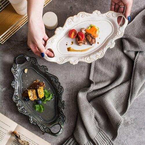 European Ceramic Storage Tray Bedroom Desktop Cosmetic Container Afternoon Tea Dessert Organizer Retro Relief Kitchen Tableware