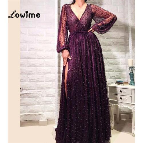 Purple V Neck Pearl Arabic Evening Dress Long Sleeve Custom Made Beaded Middle East Kaftan With Split Side Party Dress Gown 2018