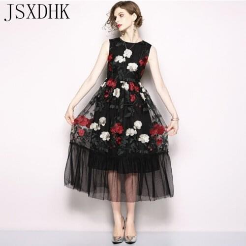 JSXDHK Black Mesh Embroidery Floral Vest Party Midi Dress 2018 Summer Luxury Runway Sleeveless High Waist Vintage Long Dress