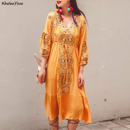 Khalee Yose Vintage Floral Embroidery Dress Boho Ethnic Chic Holiday Women Dresses Puff Sleeve Sexy Female Ladies Beach Dress