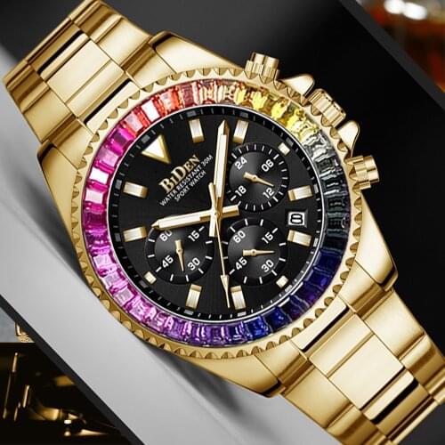Hot Automatic Date Mens Quartz Watches New Bezel Rainbow Diamonds Business Luxury Style Watch Stainless Steel Chronograph Clocks