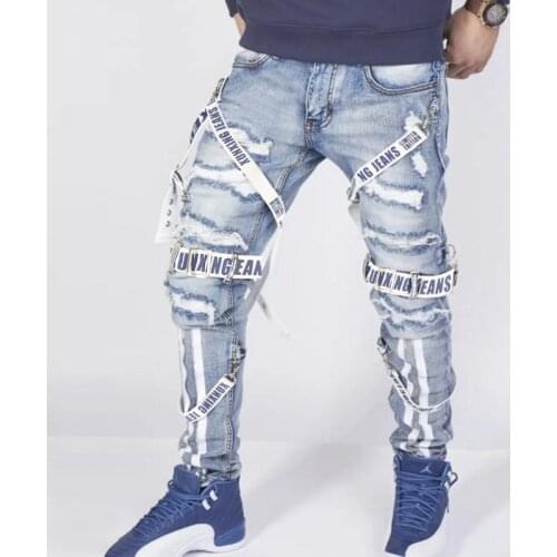 Mens jeans summer loose trousers 2021 trendy street mens collocation design autumn straight pants ripped motorcycle boy pants