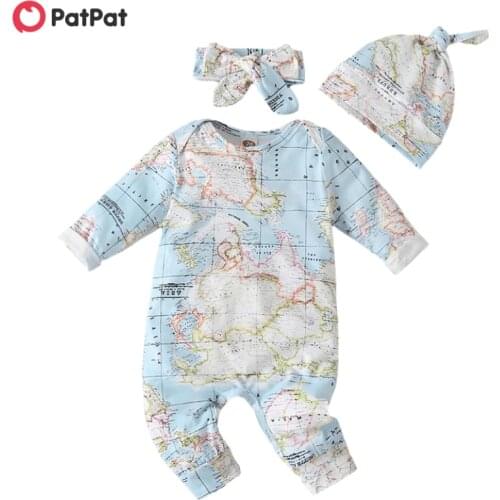 PatPat 2020 New Spring and Autumn 3-piece Baby Cotton Map Print Long-sleeve Jumpsuit , Headband and Hat