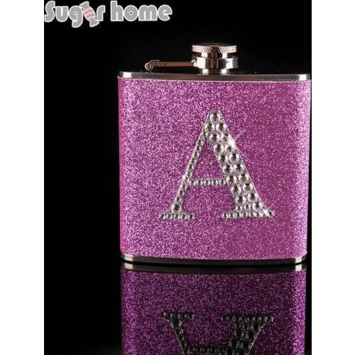 Personalized Glitter leather with rhinestones Monogrammed Letter A-Z wedding gift Stainless Steel Hip Flask Alcohol bottle
