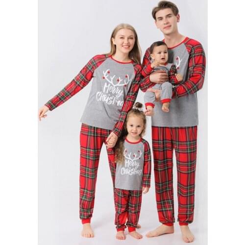 New Year Family Clothing Sets Christmas Pajamas Letter Striped Antlers Print Father Mother Kids and Baby Sleepwear