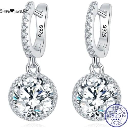 Shipei 100% 925 Sterling Silver Round Cut Created Moissanite Diamonds Gemstone Dangle Earrings Wedding Engagement Fine Jewelry