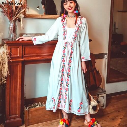 KHALEE YOSE Floral Embroidery Boho Dress Vintage Chic Summer Women Dresses White Long Sleeve Ladies Holiday Long Female Dress