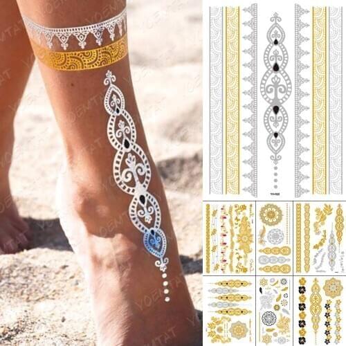 Waterproof Temporary Henna Mandala Tattoo Sticker Gold Silver Metallic Flash Tatoo Boho Party Flower Jewelry Glitter Body Art